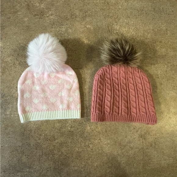 Other - Cozy Kids Pom-Pom Beanie Set - Pink and White with Heart Print, Size 0-6M